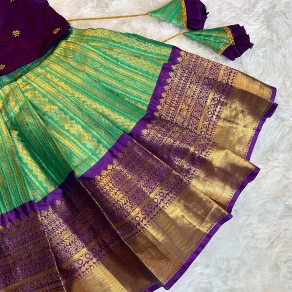 Premium Semi Kanchipattu Long Border Paavadai and Sattai - Pastel Green & Voilet Combo - (Ready to Dispatch)