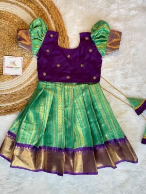 Premium Semi Kanchipattu Short Border Paavadai and Sattai - Pastel Green & Voilet Combo - (Ready to Dispatch)