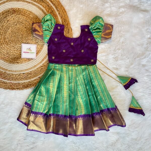 Premium Semi Kanchipattu Short Border Paavadai and Sattai - Pastel Green & Voilet Combo - (Ready to Dispatch)