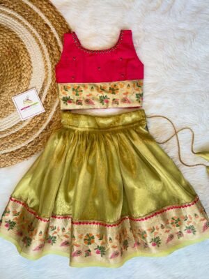 Pastel Green Crush Tissue Silk Paavadai in Paithani Border & Pink Raw Silk Top (Ready to Dispatch)