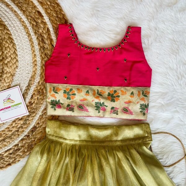 Pastel Green Crush Tissue Silk Paavadai in Paithani Border & Pink Raw Silk Top (Ready to Dispatch)