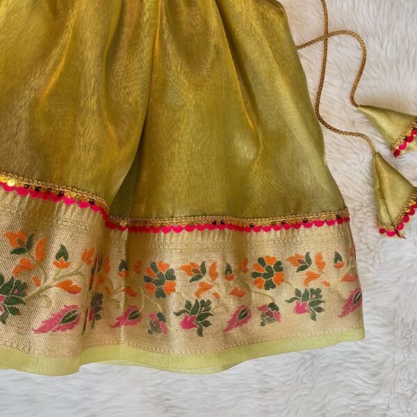 Pastel Green Crush Tissue Silk Paavadai in Paithani Border & Pink Raw Silk Top (Ready to Dispatch)