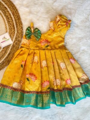 Yellow Pichwai Silk One Side Sleeve Frock -(Ready to Dispatch)