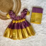 Premium Semi Kanchipattu Gown - Voilet & Yellow Combo (Long Border) Saree Available for Mom (Pre Booking)