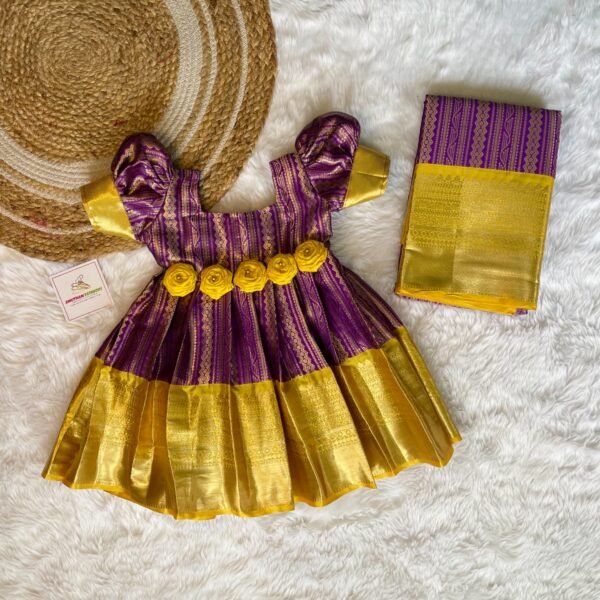 Premium Semi Kanchipattu Gown - Voilet & Yellow Combo (Long Border) Saree Available for Mom (Pre Booking)