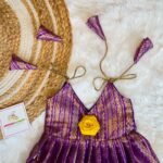 Premium Semi Kanchipattu Tie Up Gown(Short Border) - Voilet & Yellow Combo