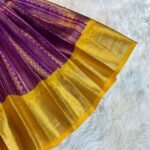 Premium Semi Kanchipattu Tie Up Gown(Short Border) - Voilet & Yellow Combo