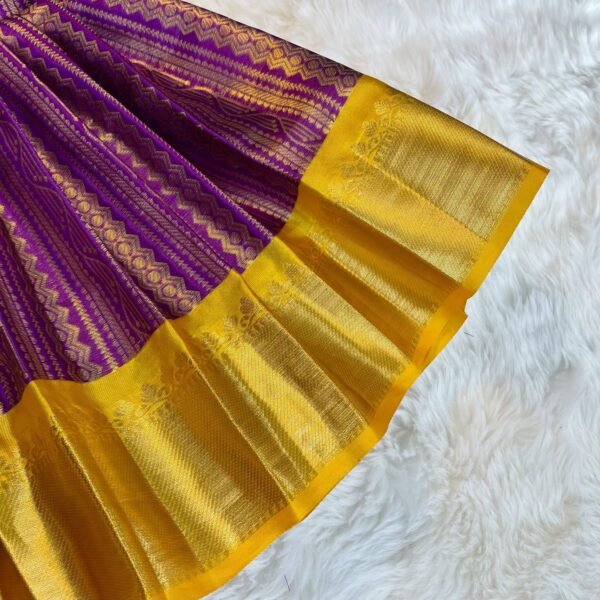 Premium Semi Kanchipattu Tie Up Gown(Short Border) - Voilet & Yellow Combo