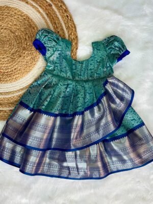 Light Blue & Dark Blue layered Semi Kanchipattu Frock - (Ready to Dispatch)
