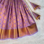 French Lilac Color Semi Kanchipattu Skirt & Mango Orange Color Raw Silk Top (Pre Booking)