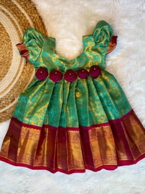 Pastel Green and Wine Color Semi Kanchipattu Gown - (Ready to Dispatch)
