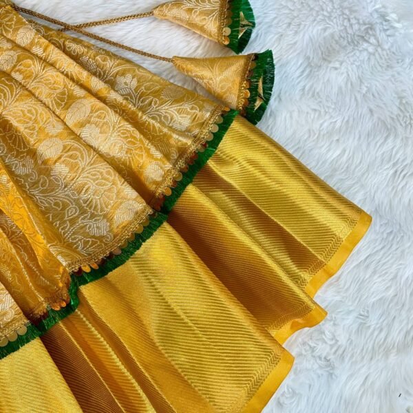 Golden Yellow Semi Kora Banarasi Paavadai & Raw Silk Bottle Green Grand Aariwork Sattai (Pre Booking)