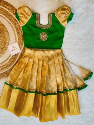 Golden Yellow Semi Kora Banarasi Paavadai & Raw Silk Bottle Green Grand Aariwork Sattai (Pre Booking)