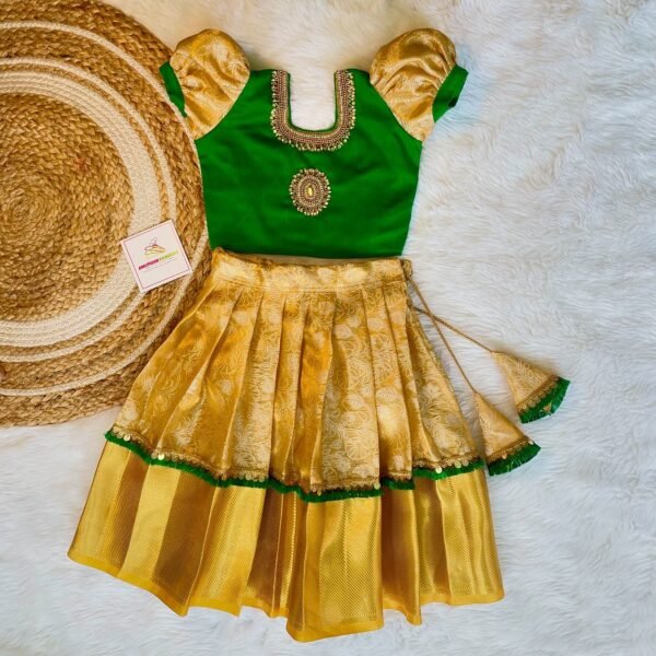 Golden Yellow Semi Kora Banarasi Paavadai & Raw Silk Bottle Green Grand Aariwork Sattai (Pre Booking)