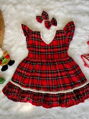 Red Checked Cotton Frock designed with White Pimpom Lace (Jingle Bells Edits) - Pre Booking