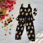 Black Color Christmas Theme Mug Printed Cotton Pant & Frill Top (Jingle Bells Edits) - Pre Booking)