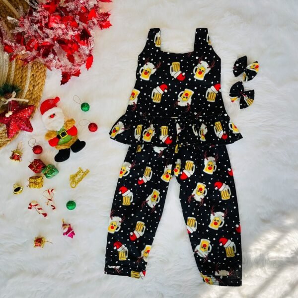 Black Color Christmas Theme Mug Printed Cotton Pant & Frill Top (Jingle Bells Edits) - Pre Booking)