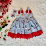 Light Blue Color Christmas Theme Printed Cotton Strap Sleeves Frock (Jingle Bells Edits) - Pre Booking