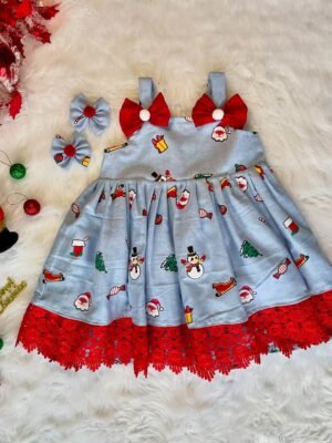 Light Blue Color Christmas Theme Printed Cotton Strap Sleeves Frock (Jingle Bells Edits) - Pre Booking