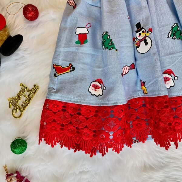 Light Blue Color Christmas Theme Printed Cotton Strap Sleeves Frock (Jingle Bells Edits) - Pre Booking