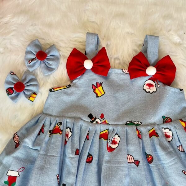 Light Blue Color Christmas Theme Printed Cotton Strap Sleeves Frock (Jingle Bells Edits) - Pre Booking