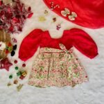 Tomato Red Hakoba with White cute little Christmas Leaf theme printed Cotton Frock (Jingle Bells Edits) - Pre Booking