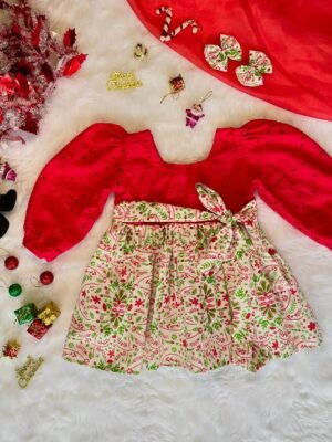 Tomato Red Hakoba with White cute little Christmas Leaf theme printed Cotton Frock (Jingle Bells Edits) - Pre Booking