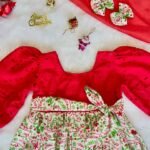 Tomato Red Hakoba with White cute little Christmas Leaf theme printed Cotton Frock (Jingle Bells Edits) - Pre Booking