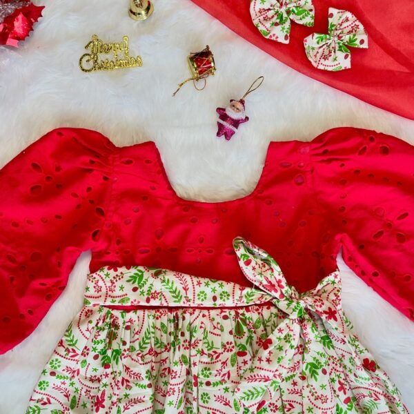 Tomato Red Hakoba with White cute little Christmas Leaf theme printed Cotton Frock (Jingle Bells Edits) - Pre Booking