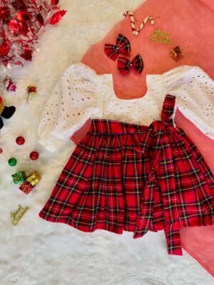 White Hakoba with Red Checked Christmas Cotton Frock (Jingle Bells Edits) - Pre Booking