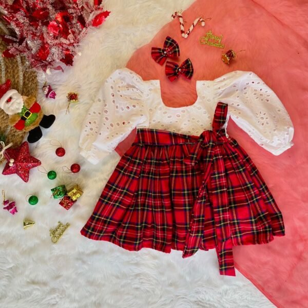 White Hakoba with Red Checked Christmas Cotton Frock (Jingle Bells Edits) - Pre Booking