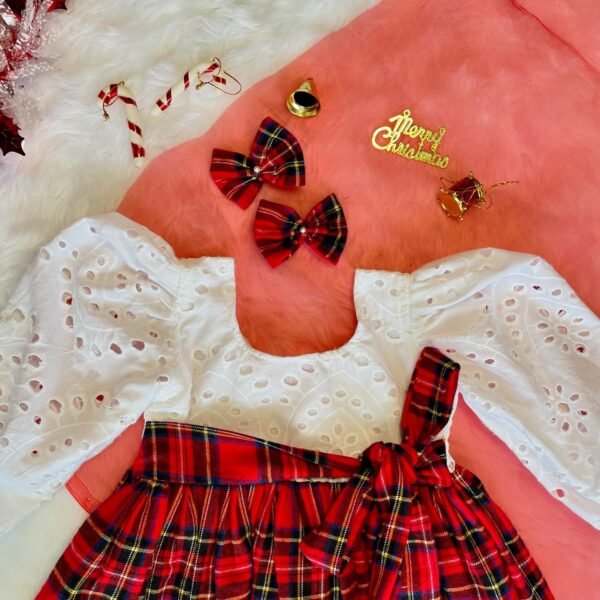White Hakoba with Red Checked Christmas Cotton Frock (Jingle Bells Edits) - Pre Booking