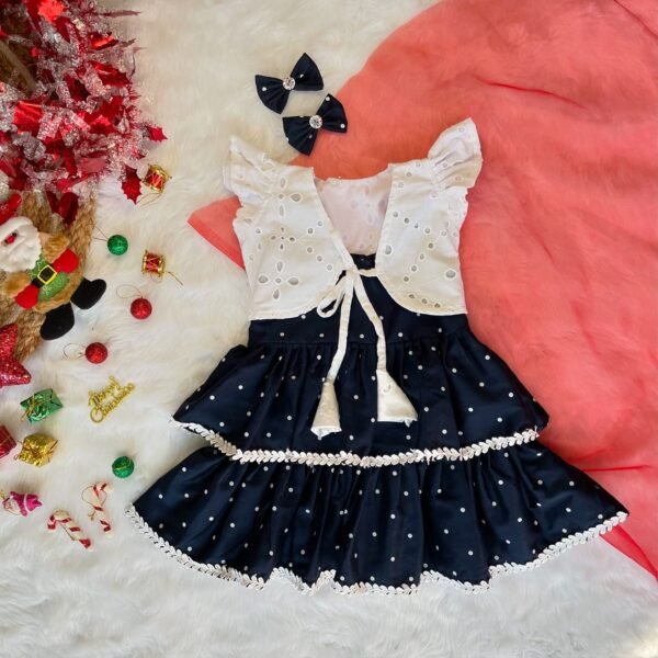 Dark Blue Layered Sleeveless Frock & White Hakoba Jacket (Jingle Bells Edits) - Pre Booking