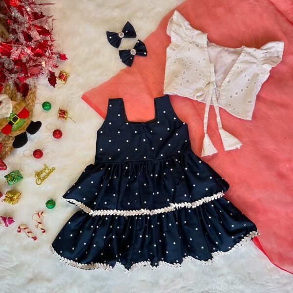 Dark Blue Layered Sleeveless Frock & White Hakoba Jacket (Jingle Bells Edits) - Pre Booking