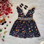 Dark Blue Christmas Theme Printed Cotton Frock (Jingle Bells Edits) - Pre Booking