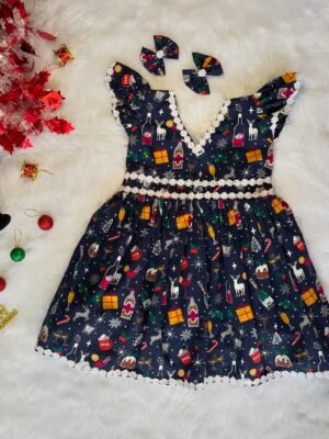 Dark Blue Christmas Theme Printed Cotton Frock (Jingle Bells Edits) - Pre Booking