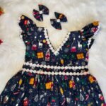 Dark Blue Christmas Theme Printed Cotton Frock (Jingle Bells Edits) - Pre Booking