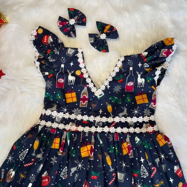 Dark Blue Christmas Theme Printed Cotton Frock (Jingle Bells Edits) - Pre Booking