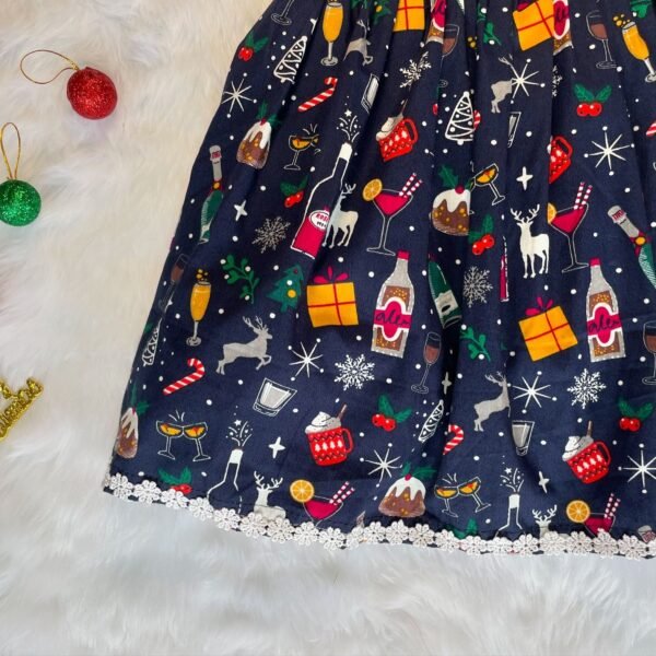 Dark Blue Christmas Theme Printed Cotton Frock (Jingle Bells Edits) - Pre Booking