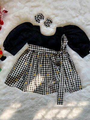 Black Hakoba with Black & White Checked Christmas Cotton Frock (Jingle Bells Edits) - Pre Booking