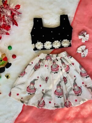 Black Velvet Top & White Christmas Theme Cotton Skirt (Jingle Bells Edits) - Pre Booking