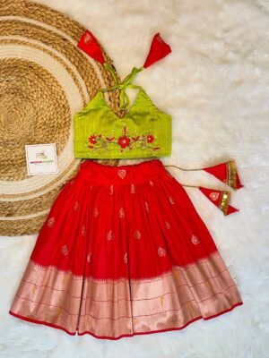 Red Color Paithani Skirt & Green Color Raw Silk Top (Pre Booking)