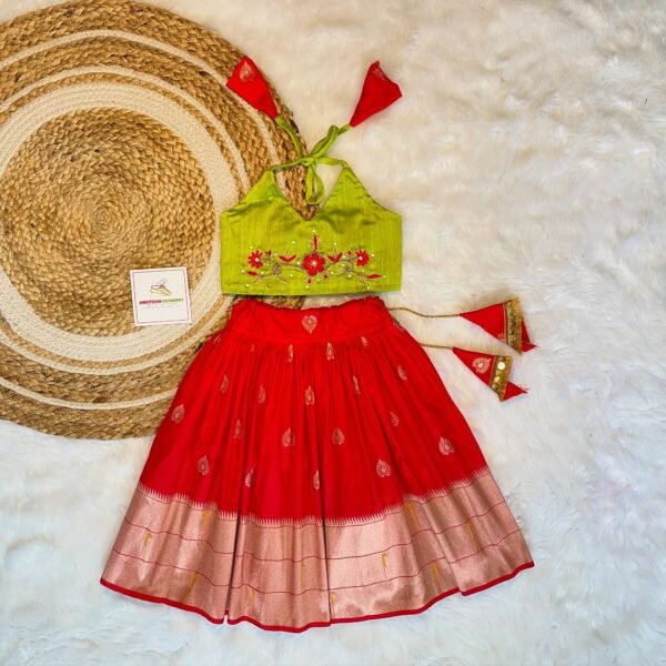 Red Color Paithani Skirt & Green Color Raw Silk Top (Pre Booking)