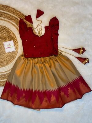 Gold with Dark Red Semi Kanchipattu Paavadai & Sattai (Ready to Dispatch)
