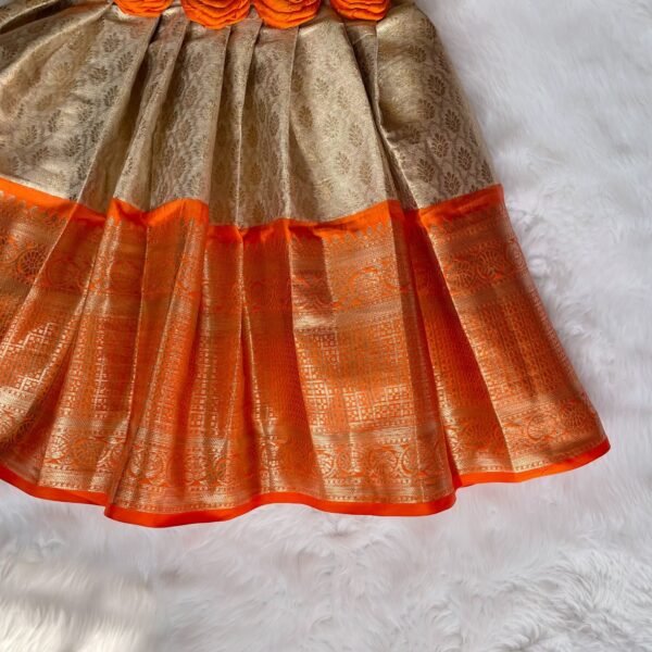 Golden Cream & Orange Premium Semi Kanchipattu Frock - (Pre Booking)