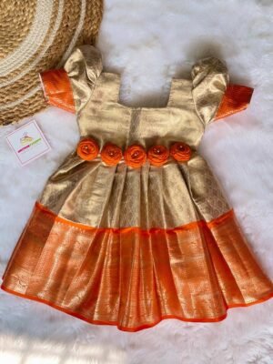 Golden Cream & Orange Premium Semi Kanchipattu Frock - (Pre Booking)