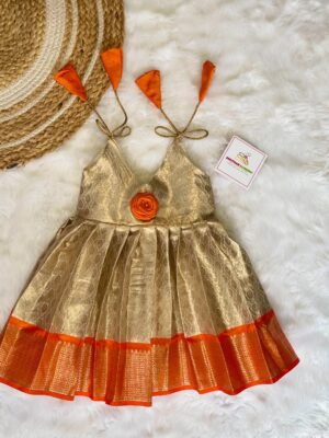 Golden Cream & Orange Color Premium Semi Kanchipattu Knot Frock (Short Border) - (Pre Booking)