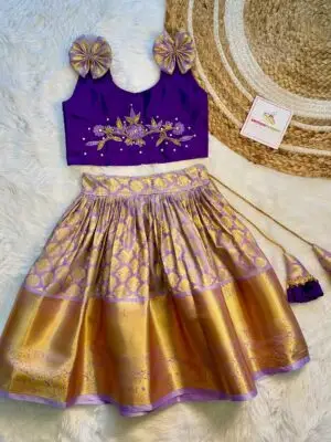 Lavender & Voilet Combo Aariwork Sleeveless Top Semi Kanchipattu Lehenga Set (Long Border) - (Ready to Dispatch)