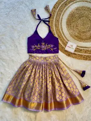 Lavender & Voilet Combo Aariwork Halterneck Top Semi Kanchipattu Lehenga Set (Short Border) - (Ready to Dispatch)