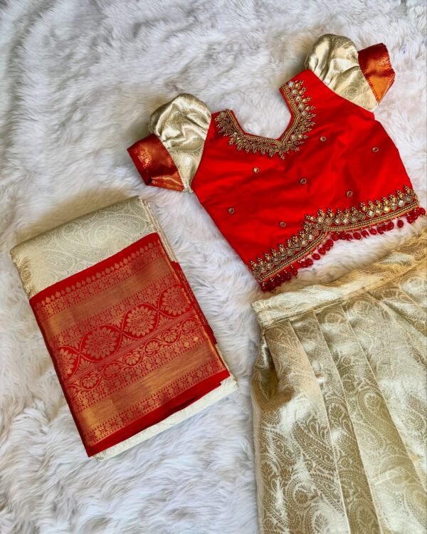 VENNILA - White Premium Semi Kanchipattu Paavadai with Silk Aariwork Sattai & Matching Saree (Pre Booking)